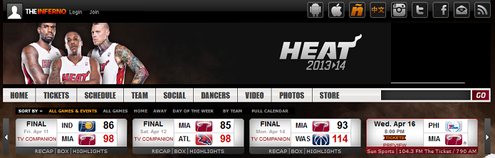 Miami Heat tem tabela no alto do site